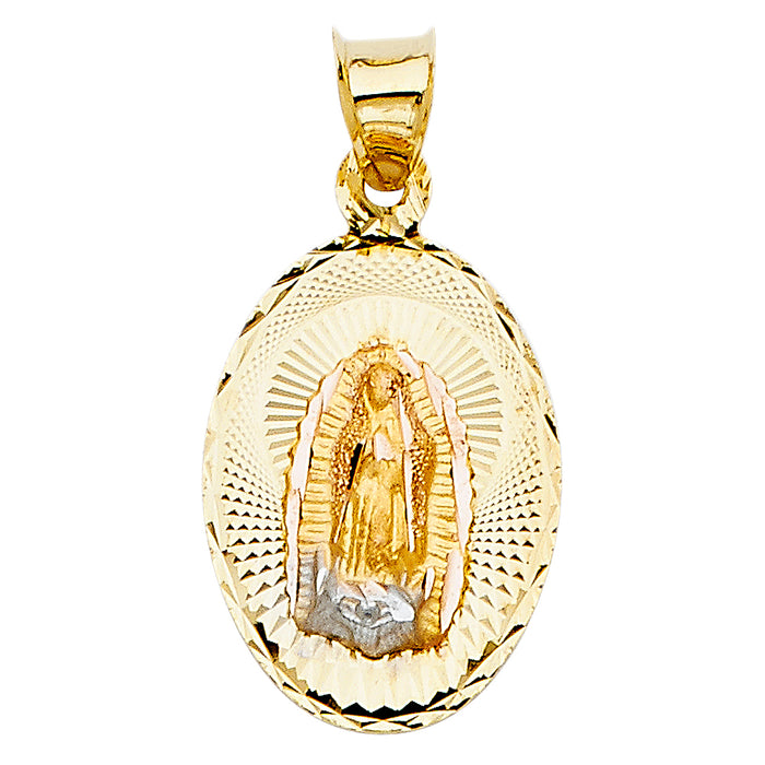14k Tri-color Gold Religious Mary of Guadalupe Stamp Charm Pendant, Diamond-cut (21mm x 14mm)