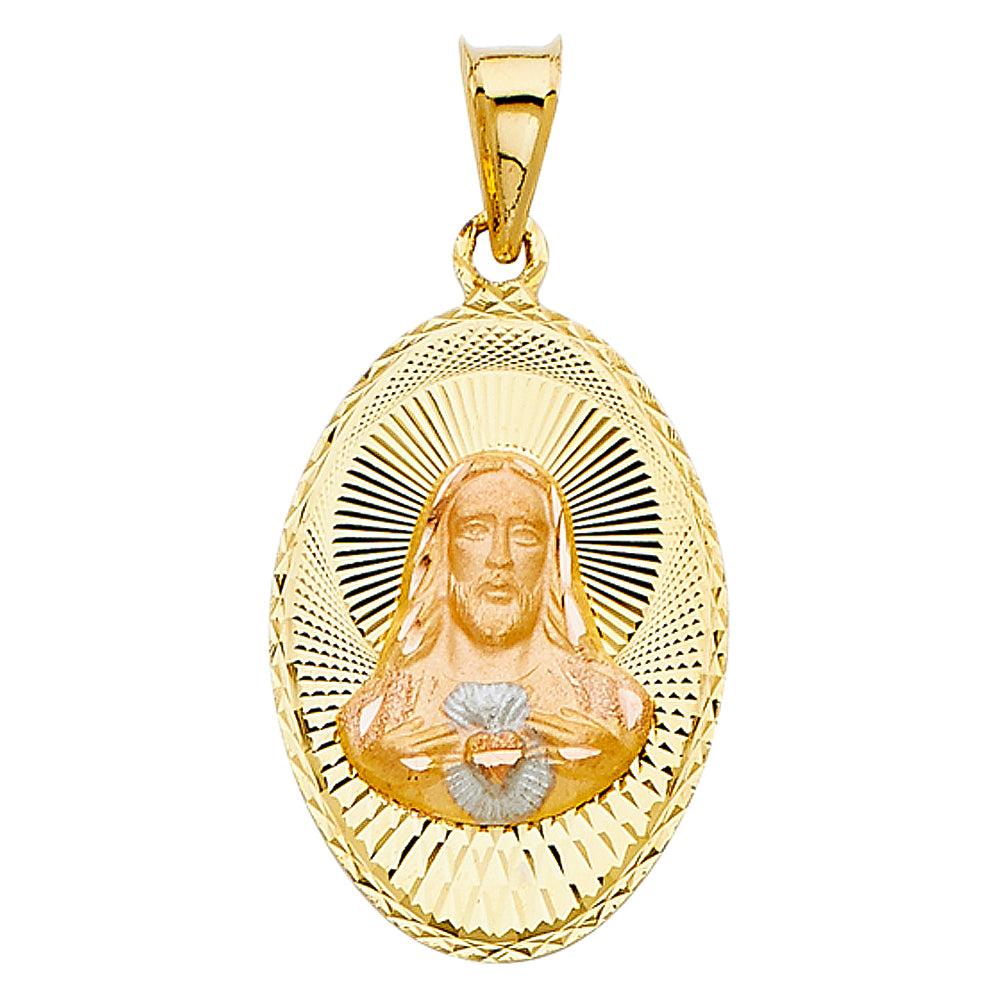 14k Tri-color Gold Religious Jesus Sacred Heart Stamp Charm Pendant, Diamond-cut (27mm x 17mm)