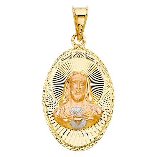 14k Tri-color Gold Religious Jesus Sacred Heart Stamp Charm Pendant, Diamond-cut (27mm x 17mm)