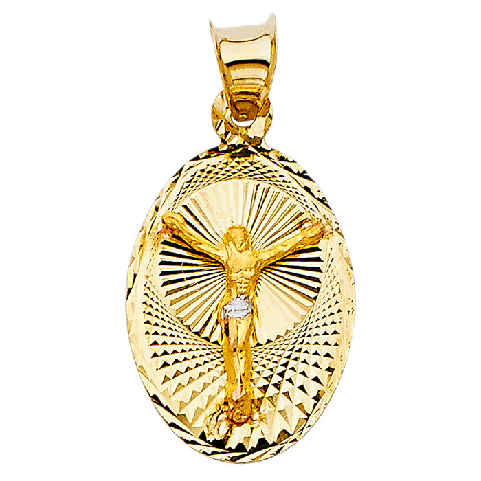 14k Tri-color Gold Small/Mini Religious Jesus Stamp Charm Pendant, Diamond-cut (21mm x 14mm)
