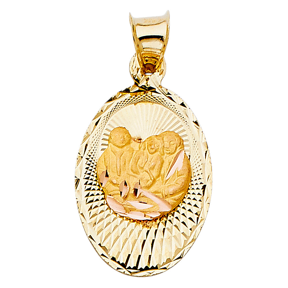 14k Tri-color Gold Religious Jesus Baptism Stamp Charm Pendant, Diamond-cut (21mm x 14mm)