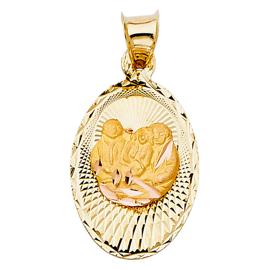 14k Tri-color Gold Religious Jesus Baptism Stamp Charm Pendant, Diamond-cut (21mm x 14mm)