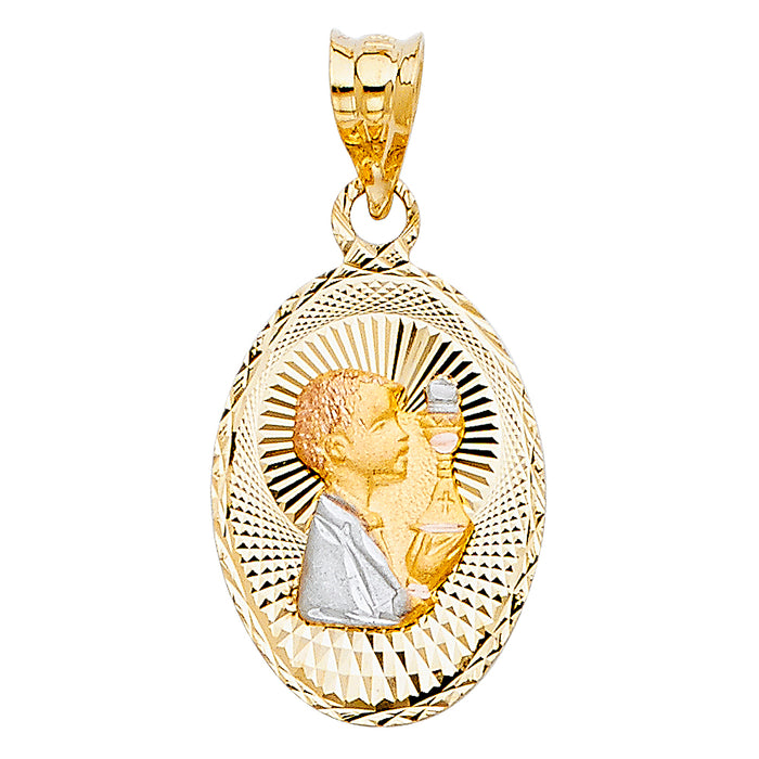 14k Tri-color Gold Religious Holy Communion Stamp Charm Pendant, Diamond-cut (21mm x 14mm)