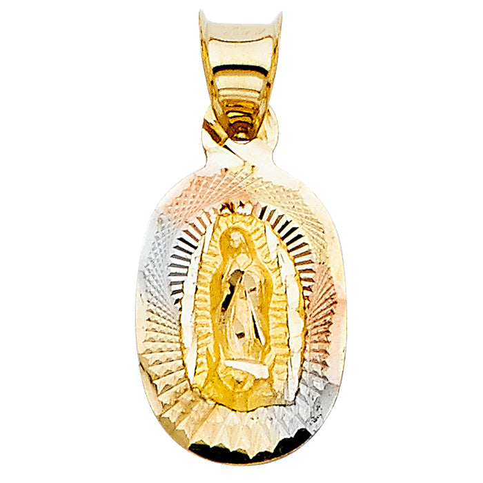 14k Tri-Color Gold Religious Mary Guadalupe Stamp Mini Charm Pendant, Diamond-cut (16mm x 10mm)