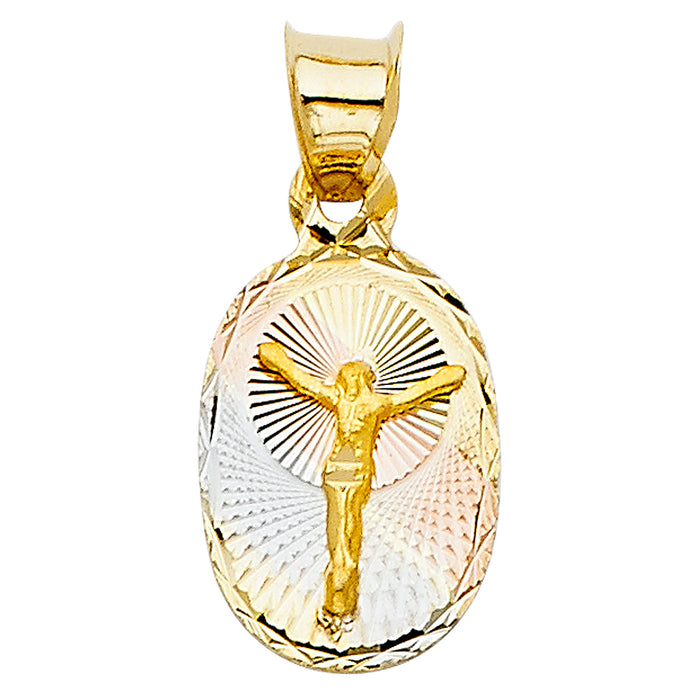 14k Tri-color Gold Religious Jesus Crucifix Stamp Mini Charm Pendant, diamond-cut (16mm x 10mm)
