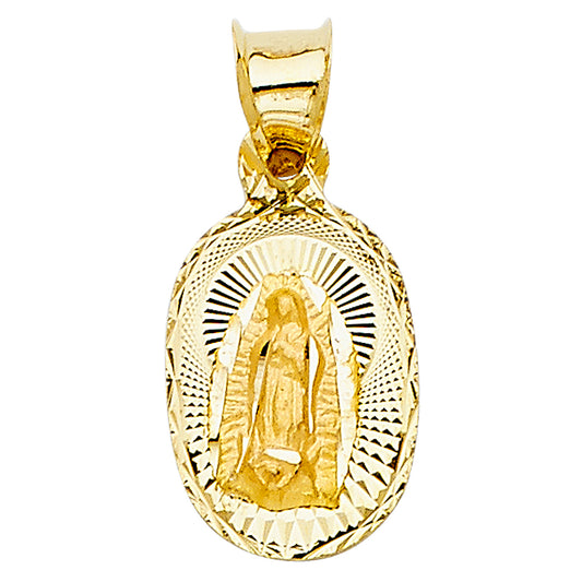 14k Yellow Gold Small/Mini Religious Virgin Mary Stamp Charm Pendant, Oval 16mm x 10mm