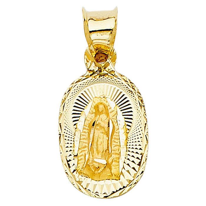 14k Yellow Gold Small/Mini Religious Virgin Mary Stamp Charm Pendant, Oval 16mm x 10mm