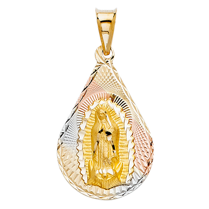 14k Tri-color Gold Religious Virgin Mary Stamp Tear Drop Charm Pendant (26mm x 18mm)