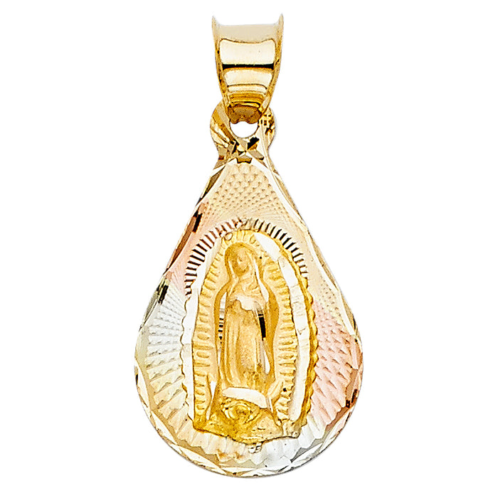 14k Tri-color Gold Small Religious Virgin Mary Stamp Charm Pendant, Tear Drop, 20mm x 12mm