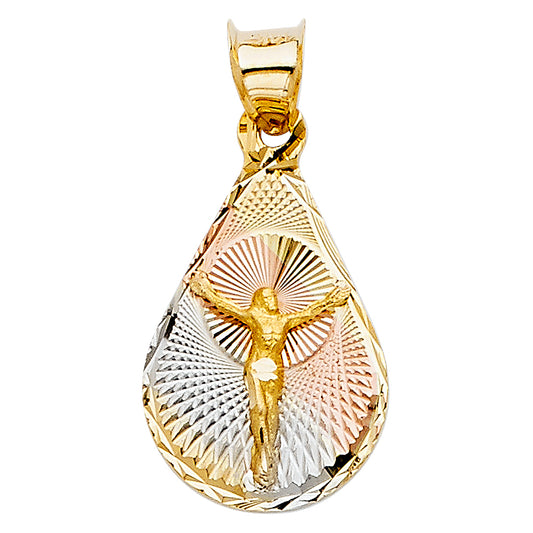 14k Tri-Color Gold Small/Mini Religious Jesus Crucifix Stamp Charm Pendant, Tear Drop 20mm x 12mm