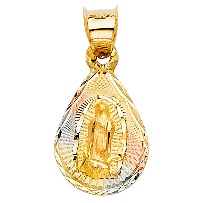 14k Tri-color Gold Small/Mini Religious Virgin Mary Stamp Charm Pendant, Tear Drop 16mm x 10mm