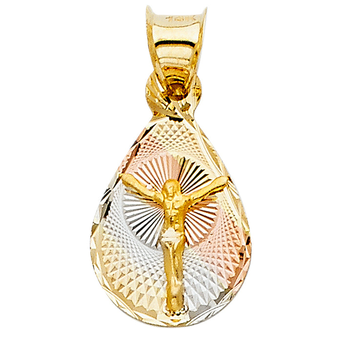 14k Tri-Color Gold Small/Mini Religious Jesus Crucifix Stamp Charm Pendant, Tear Drop 16mm x 10mm