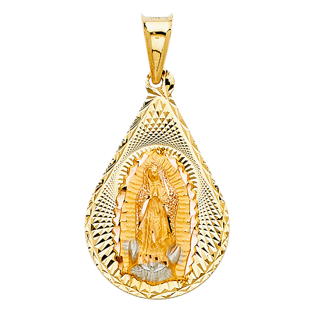 14k Tri-color Gold Religious Virgin Mary Stamp Tear Drop Charm Pendant (26mm x 18mm)