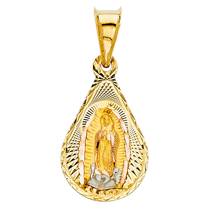 14kTri-Color Gold Small/Mini Religious Virgin Mary Stamp Charm Pendant, Tear Drop 20mm x 12mm