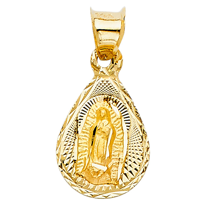 14k Yellow Gold Small/Mini Religious Virgin Mary Stamp Charm Pendant, Tear Drop 16mm x 10mm