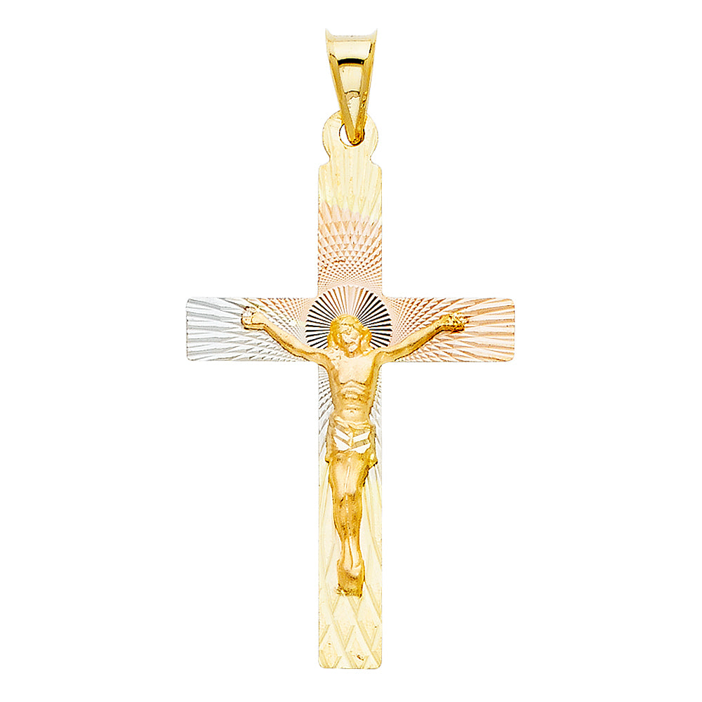 14k Tri-color Gold Religious Jesus Block Cross Crucifix Stamp Charm Pendant (40mm x 23mm)