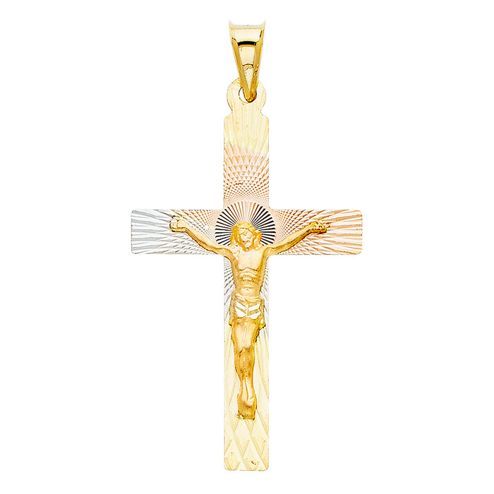 14k Tri-color Gold Religious Jesus Block Cross Crucifix Stamp Charm Pendant (40mm x 23mm)