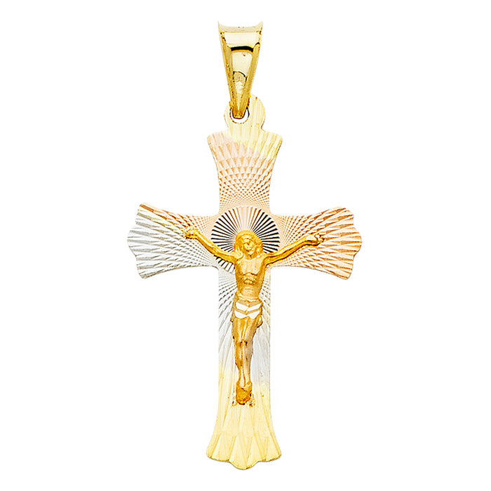 14k Tri-color Gold Religious Jesus Flared Cross Crucifix Stamp Charm Pendant (30mm x 20mm)