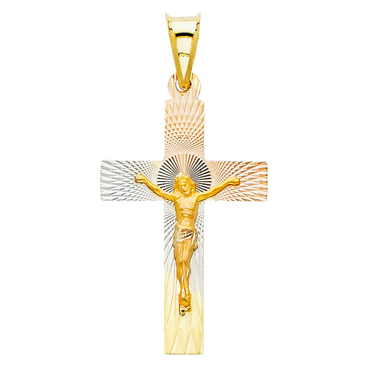14k Tri-color Gold Religious Jesus Block Cross Crucifix Stamp Charm Pendant (30mm x 18mm)