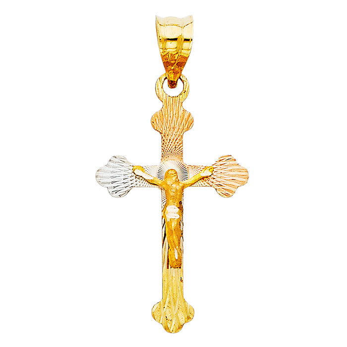 14k Tri-color Gold Small Religious Jesus Cross Crucifix Stamp Charm Pendant (25 x 15mm)