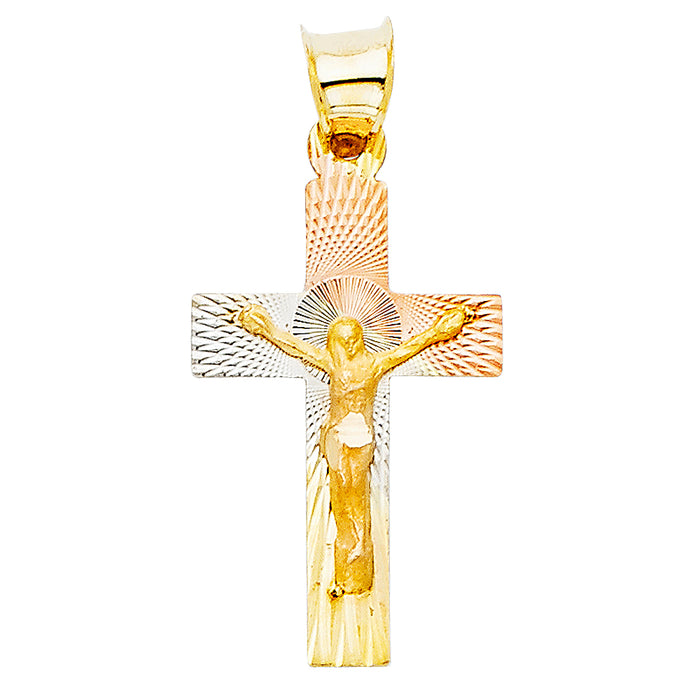 14k Tri-color Gold Small/Mini Religious Jesus Cross Crucifix Stamp Charm Pendant (22 x 13mm)