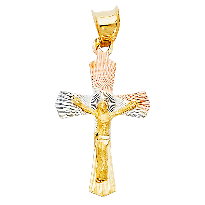 14k Tri-color Gold Small Religious Jesus Cross Crucifix Stamp Charm Pendant (25 x 15mm)