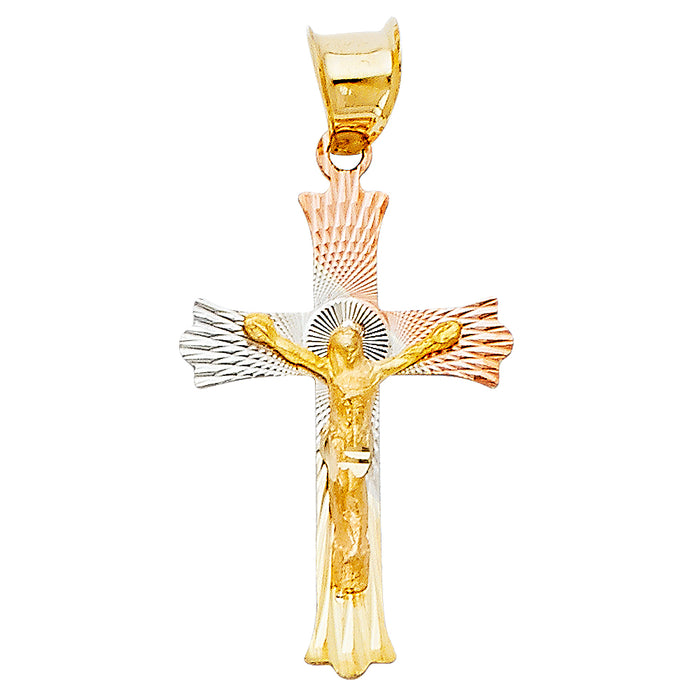 14k Tri-color Gold Small Religious Jesus Cross Crucifix Stamp Charm Pendant (25 x 15mm)