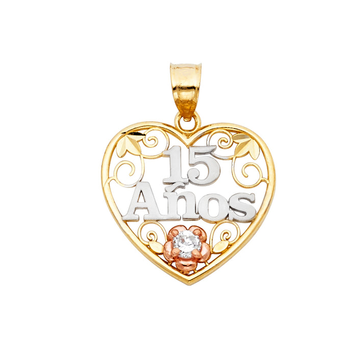 14k Tri-color Gold Heart Charm with White 15 Anos and Rose Flower with CZ Accented Charm Pendant (20mm x 20mm)