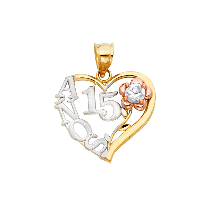 14k Tri-color Gold Heart Charm with White 15 Anos and Rose Flower with CZ Accented Charm Pendant (20mm x 20mm)