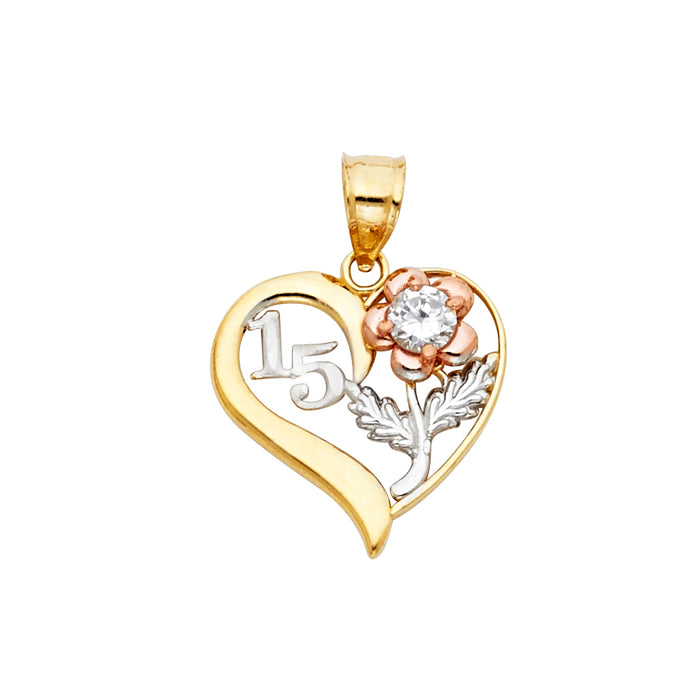 14k Tri-color Gold Heart Charm with White 15 and Rose Flower with CZ Accented Charm Pendant (18mm x 17mm)