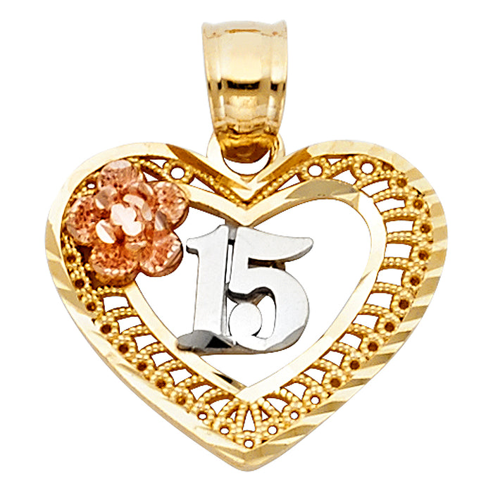 14k Tri-color Gold Heart with White 15 Center and Rose Flower Charm Pendant (21mm x 17mm)