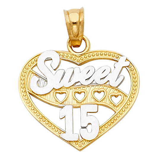 14k Two-tone Gold Small 15 Years Birthday or Anniversary Heart Charm Pendant (17mm x 17mm)