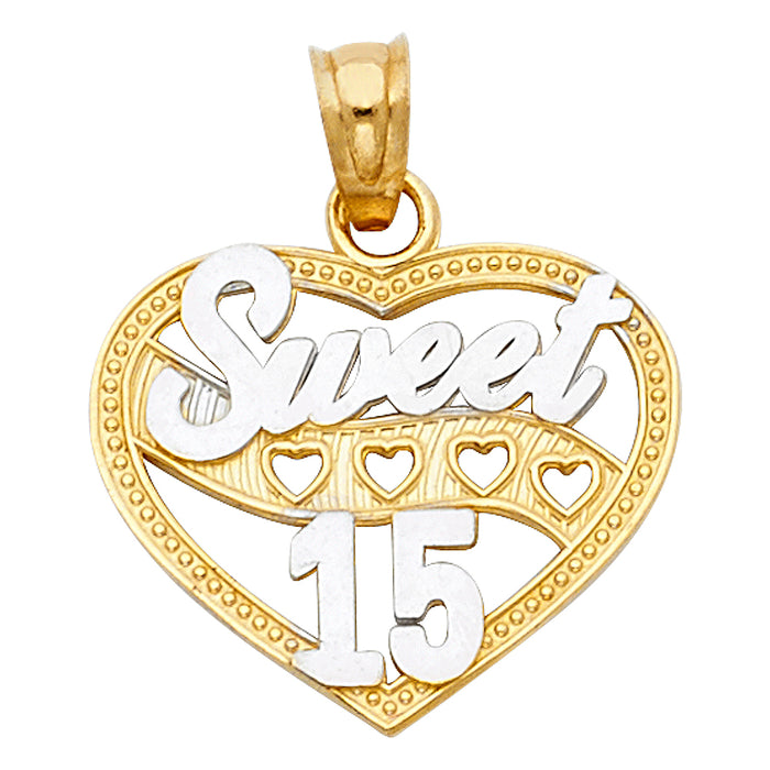 14k Two-tone Gold Small 15 Years Birthday or Anniversary Heart Charm Pendant (17mm x 17mm)