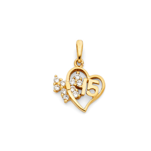 14k Yellow Gold 15 Years Birthday or Anniversary Small Heart Charm Pendant, Accented with White CZ Stone Cluster (15mm x 15mm)