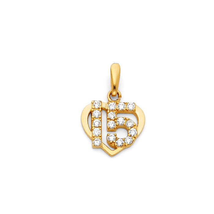14k Yellow Gold 15 Years Birthday or Anniversary Small Heart Charm Pendant, Accented with White CZ Stone (13mm x 12mm)