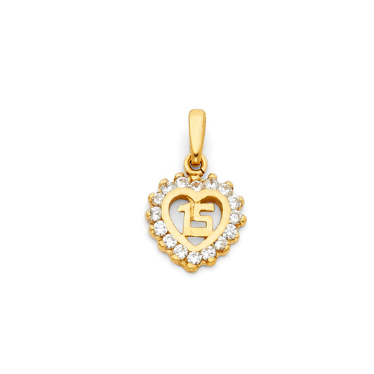 14k Yellow Gold 15 Years Birthday or Anniversary Small Heart Charm Pendant, Accented with White CZ Stone (13mm x 11mm)