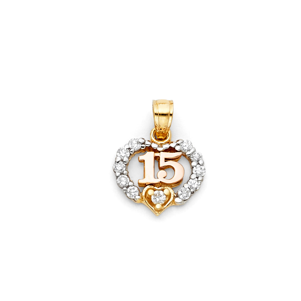 14k Yellow Gold 15 Years Birthday or Anniversary Small Heart Charm Pendant, Accented with White CZ Stone (13mm x 12mm)