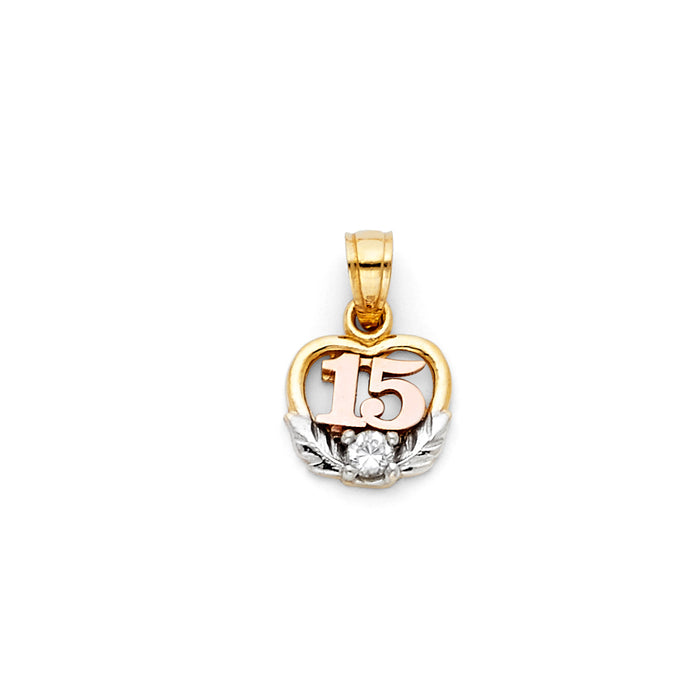 14k Tri-color Gold 15 Years Birthday or Anniversary Small Heart Charm Pendant, Accented with White Leaves and CZ Stone (11mm x 10mm)