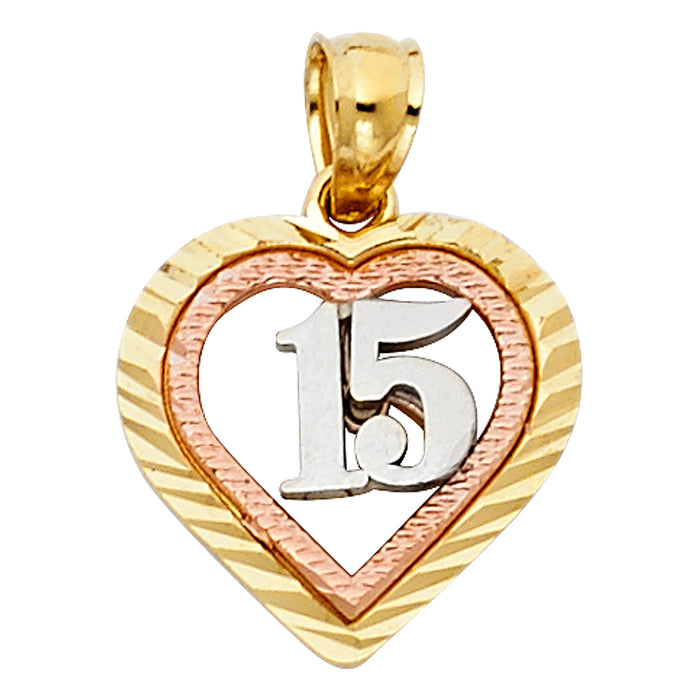 14k Tri-color Gold 15 Years Birthday or Anniversary Small Heart Charm Pendant (15mm x 13mm)