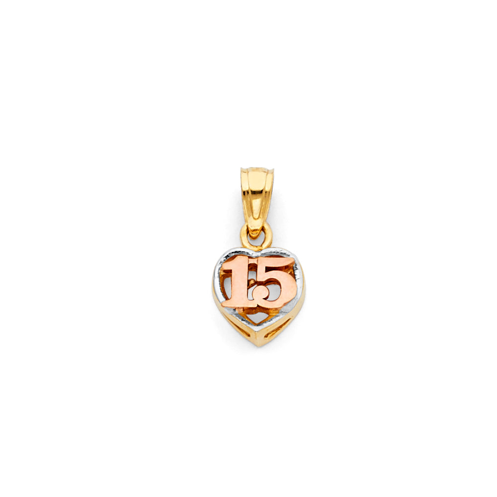 14k Tri-color Gold 15 Years Birthday or Anniversary Mini Heart Small/Mini Charm Pendant (10mm x 8mm)