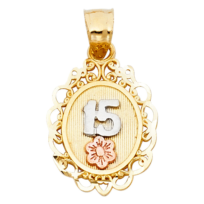 14k Tri-color Gold 15 Years Birthday or Anniversary Charm Pendant, Oval with Lace Trim and Rose Gold Flower (20mm x 13mm)