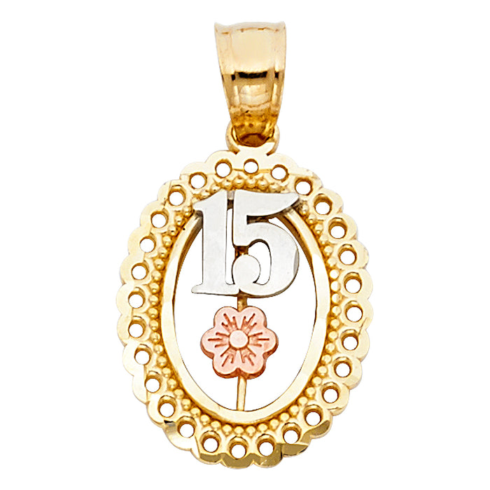 14k Tri-color Gold 15 Years Birthday or Anniversary Charm Pendant, Oval with Lace Trim and Rose Gold Flower (18mm x 13mm)