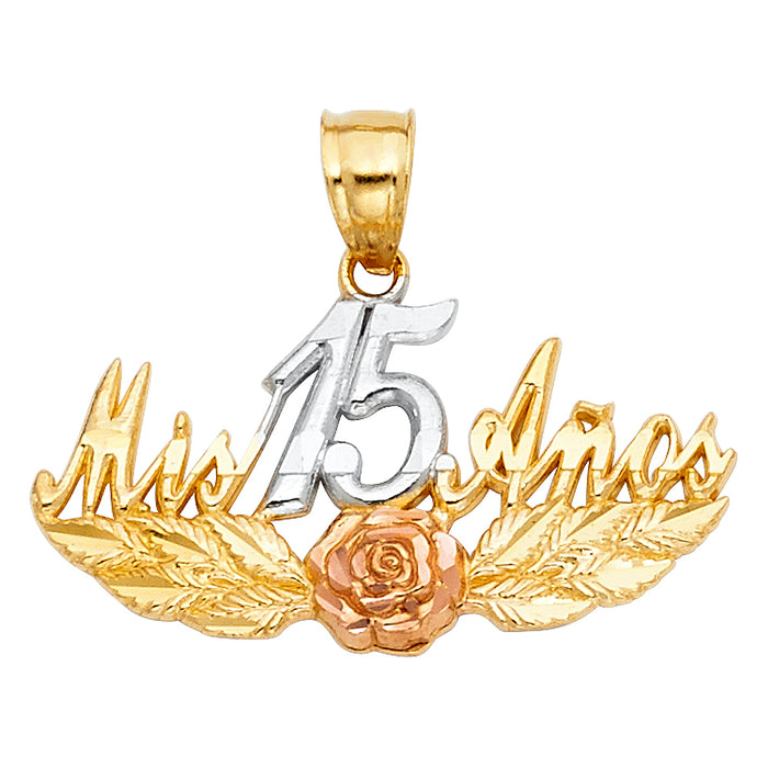 14k Tri-color Gold Mis 15 Anos (Years) Birthday Charm Pendant, Script with Leaves and Rose Gold Flower Center