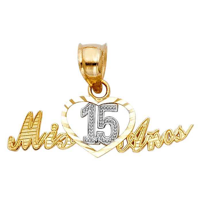 14k Tri-color Gold Mis 15 Anos (Years) Birthday Charm Pendant, Script with Diamond-cut Heart and Beaded 15