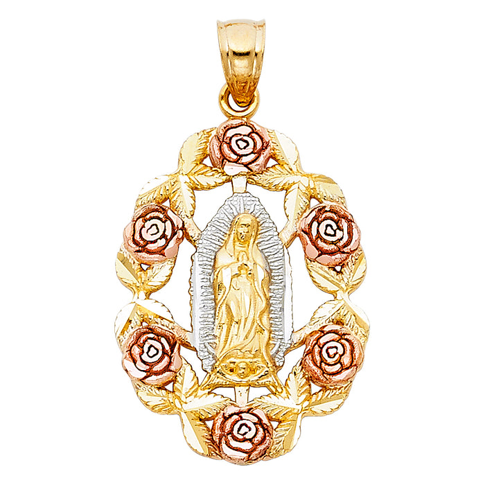 14k Tri-Color Gold Religious Mary Guadalupe Charm Pendant, Oval with Rose Gold Flowers (30mm x 20mm)