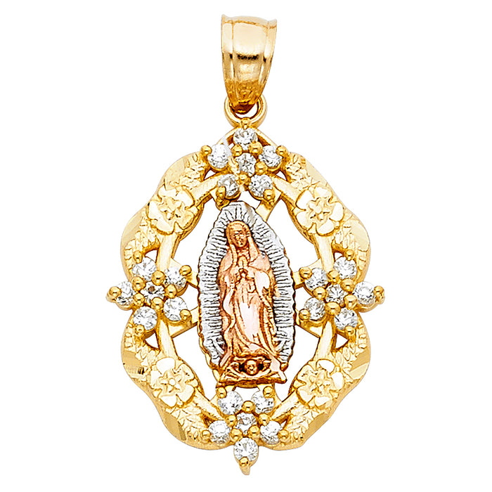 14k Tri-Color Gold Religious Rose Gold Mary Guadalupe Charm Pendant, Oval with White CZ Stone Flower Clusters (25mm x 20mm)