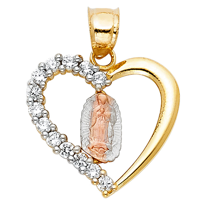 14k Tri-Color Gold Religious Virgin Mary in Polished Heart Charm Pendant with White CZ Accent, 20mm x 18mm