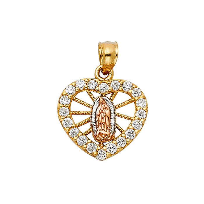 14k Tri-Color Gold Religious Virgin Mary in Polished Heart Charm Pendant with White CZ Accent, 15mm x 15mm