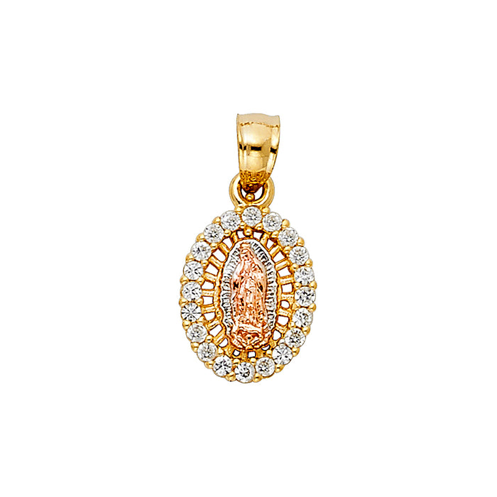 14k Tri-color Gold with White CZ Accented Mini Religious Virgin Mary Charm 13mm x 10mm