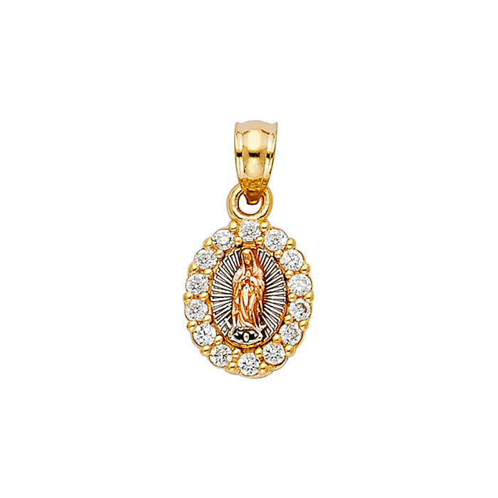 14k Tri-color Gold with White CZ Accented Mini Religious Virgin Mary Charm 13mm x 9mm